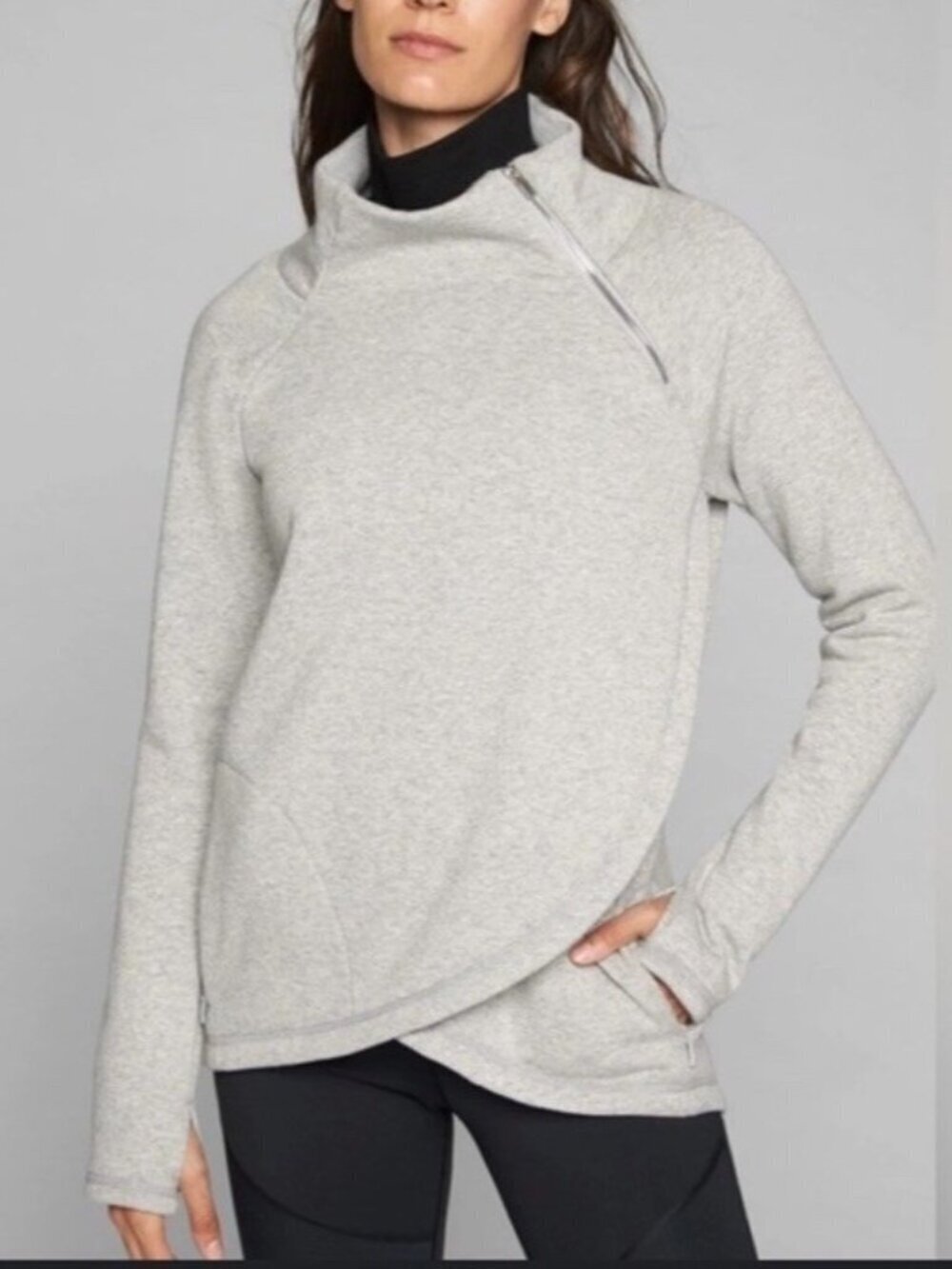 Athleta Cozy Karma Asym Pullover Woman's Sz XL Heather Gray Zip Mock Neck